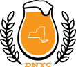 Drink NY Craft logo - tulip beer glass with foam over glass edge. Outline of NY on the glass. Glass flanked by line drawing of barley.